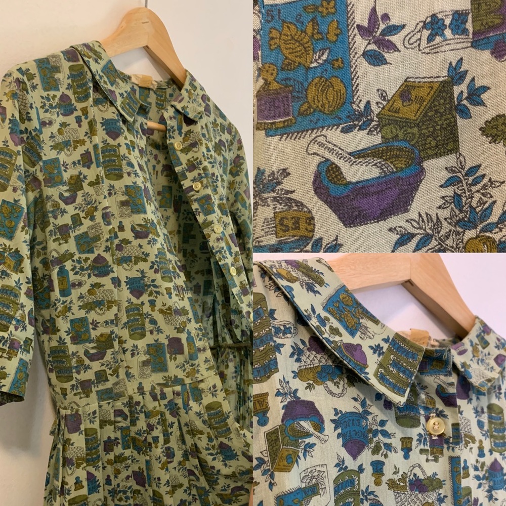 Vintage retro Peter Pan collar shirt dress quirky picnic pattern sage green